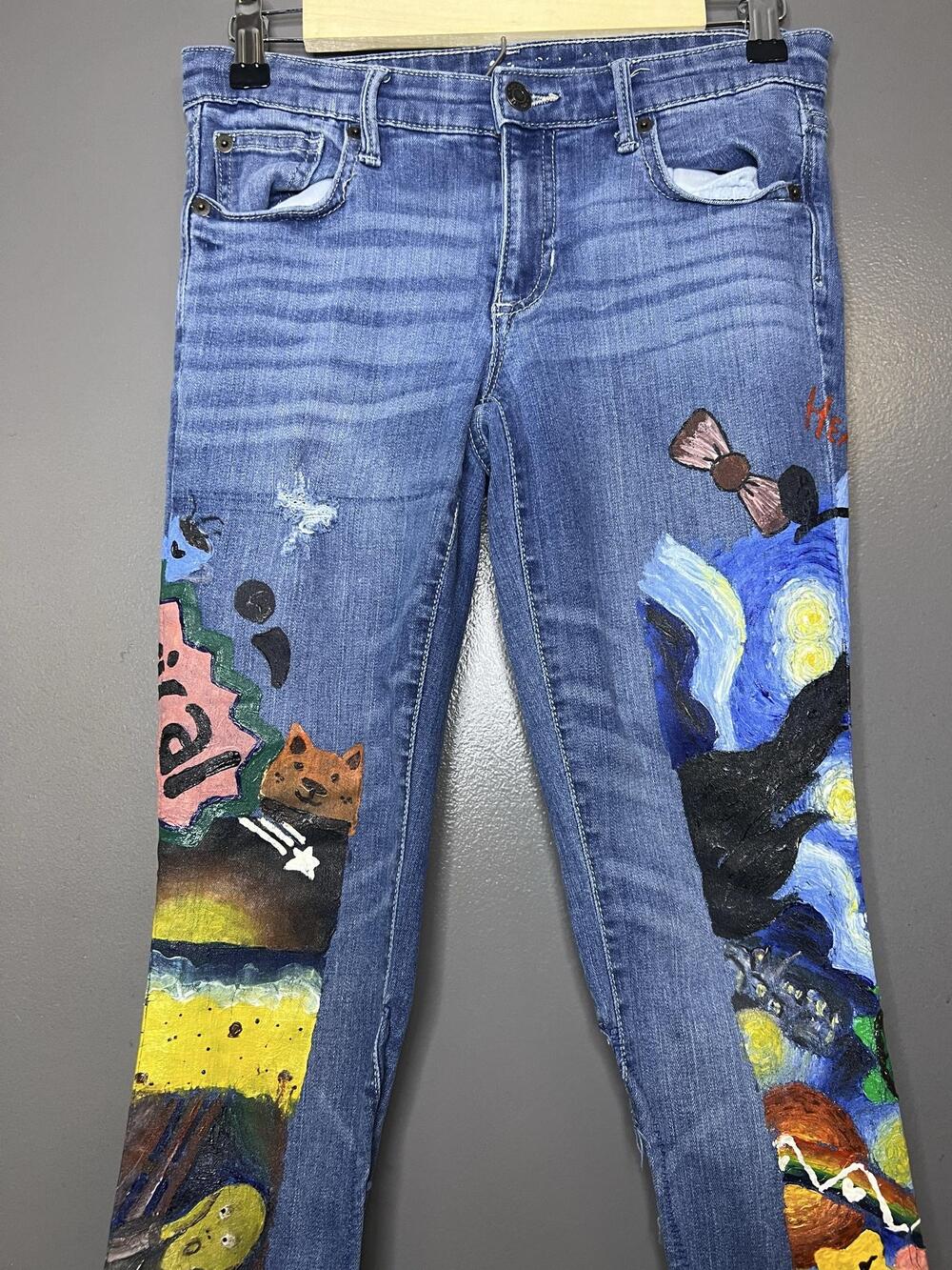 Gap Jeans Hand Painted Women 2 Medium Wash Blue Mid Rise Flare Unicorn Art